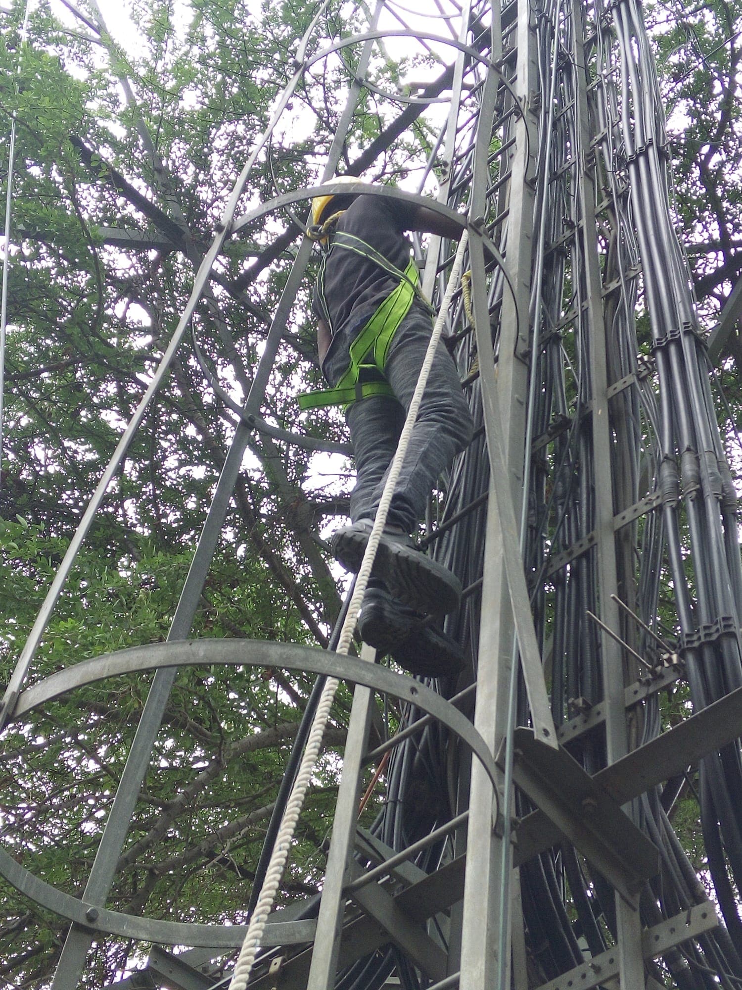 Technician in a harness climbing an outdoor lattice tower with a lanyard attached during work at height training